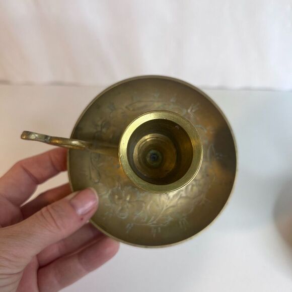 Pair Vintage Brass Candlestick Chamber Stick Finger Holder MCM Etched Floral - Picture 4 of 14